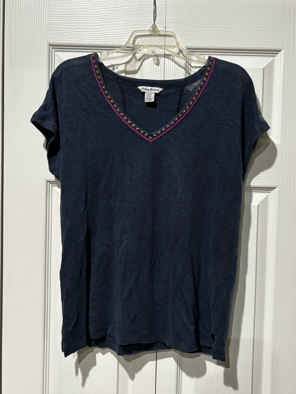Tommy Bahama Navy V-Neck Short Sleeve Top with Pink & Yellow Embroidery